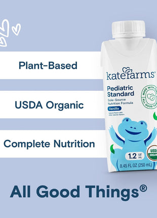 KATE FARMS Organic Plant Based Pediatric 1.2 Sole Source Vanilla Nutrition Shake, 12g of protein, 27 Vitamins and Minerals, Meal Replacement Drink for Kids, Non-GMO, 8.45 Fl oz (Pack of 12)