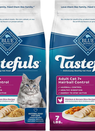 Blue Buffalo Tastefuls Natural Dry Food for Adult Cats 7+,Hairball Control,Chicken & Brown Rice Recipe,7-lb. Bag,(Pack of 2)
