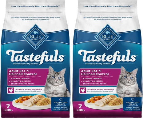 Blue Buffalo Tastefuls Natural Dry Food for Adult Cats 7+,Hairball Control,Chicken & Brown Rice Recipe,7-lb. Bag,(Pack of 2)