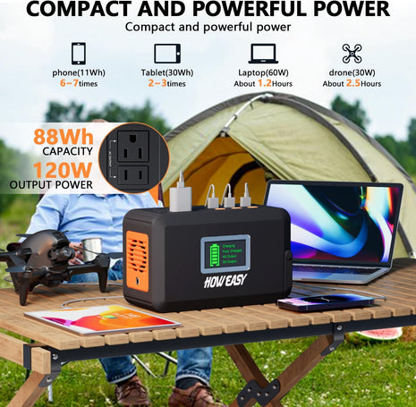 HOWEASY Portable Power Station,120W(240W Peak) Solar Generator,88Wh Lithium Battery Power with 110V AC Outlet/DC/USB/LED Light for Outdoor Camping Trip Hunting Emergency(Solar Panel Optional)