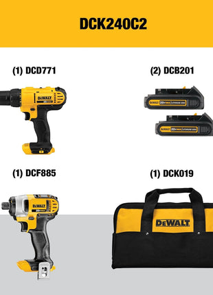 DEWALT 20V MAX Cordless Drill and Impact Driver, Power Tool Combo Kit , Includes 2 Batteries, Charger and Bag (DCK240C2)