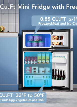 Electactic 3.2 Cu.Ft Mini Fridge with Freezer, Compact Refrigerator with 2 Doors, Small Fridge with Adjustable Thermostat & Removable Glass Shelves for Bedroom, Office, Dorm, or Apartment, Silver