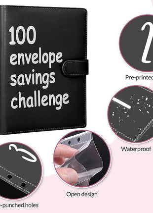 100 Envelopes Money Saving Challenge, 100 Envelope Challenge Binder, Easy and Fun Way to Save $5,050, Savings Challenges Budget Book Binder with Cash Envelopes for Office,Home,School (Black)