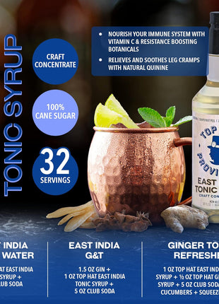 Top Hat East India Craft Concentrated Quinine Tonic Drink Syrup - 5x Natural Quinine Wellness Tonic Water Concentrate - Just Add Club Soda - 32oz bottle