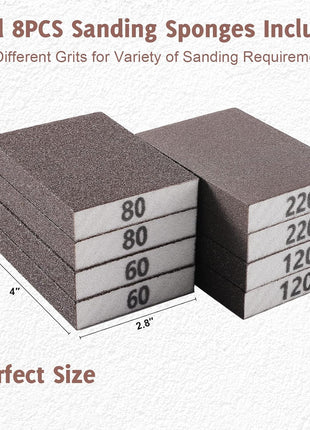 8PCS Sanding Sponge, Sanding Blocks of 60/80/120/220 Assorted Grits, Flexible & Reusable, Sandpaper Block for Wood Drywall Metal, Hand Sand Block for Wet or Dry Sanding, Flat or Curved Surfaces