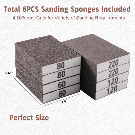 8PCS Sanding Sponge, Sanding Blocks of 60/80/120/220 Assorted Grits, Flexible & Reusable, Sandpaper Block for Wood Drywall Metal, Hand Sand Block for Wet or Dry Sanding, Flat or Curved Surfaces