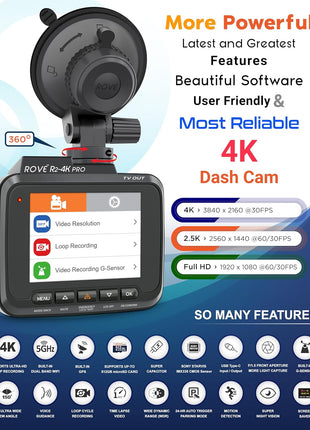 ROVE R2-4K PRO Dash Cam, Built-in GPS, 5G WiFi Dash Camera for Cars, 2160P UHD 30fps Dashcam with APP, 2.4 inch IPS Screen, Night Vision, WDR, 150° Wide Angle, 24-Hr Parking Mode, Supports 512GB Max