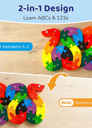 LovesTown Wooden Double Sided Snake Puzzle | Alphabet & Numbers, Montessori Educational, Chunky Animal Design, For Toddlers, Great Learning Gift