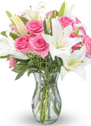 Benchmark Bouquets - Oriental Lily Flower & Pink Roses Bouquet - Fresh Flowers for Delivery - Real Flowers in a Vase - Romantic Gift Set - Easter Gifts (Glass Vase Included)