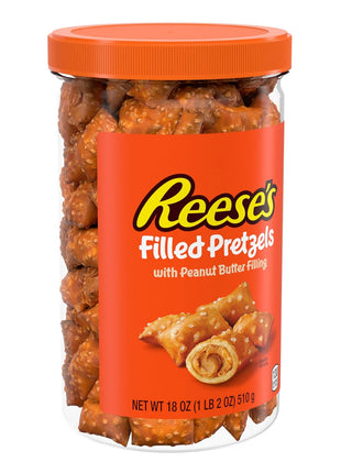 Reese's Filled Pretzels Peanut Butter Nuggets Jar, 18 oz | Peanut Butter Filled Pretzel Nuggets, Crunchy Shell, Sweet and Salty Snack, Resealable Jar for Sharing, 18 oz