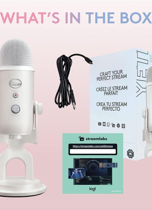 Logitech Creators Blue Yeti USB Microphone for Gaming, Streaming, Podcast, YouTube, Discord, PC, Studio Sound, Plug & Play-White Mist | White Mist Yeti USB Mic, 4 Pickup Patterns, Blue Vo!ce, 3.5mm Headphone Monitoring, USB Plug-and-Play