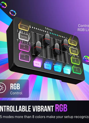 FIFINE Gaming Audio Mixer, Streaming RGB PC Mixer with XLR Microphone Interface, Individual Control, Volume Fader, Mute Button, 48V Phantom Power, for Podcast/Recording/Vocal/Game Voice-AmpliGame SC3