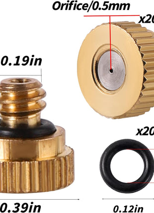 20 Pack Brass Misting Nozzles with 20Pc Brass Misting Nozzles O Ring,Heavy Duty Misting Nozzle 0.02 inch Orifice (0.5 mm)10/24 UNC for Outdoor Cooling System Dust Control