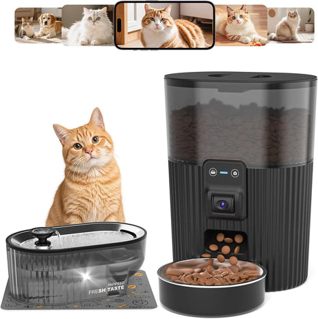 PAPIFEED Automatic Cat Feeder and Water Fountain Stainless Steel, WiFi Timed Auto Cat Feeder with Camera & App, Cat Food & Water Dispenser, Quiet Pet Drinking Fountain with LED, Smart Dog Feeder Set