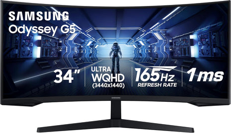 Samsung 34' Odyssey G5 Ultra-Wide Gaming Monitor with 1000R Curved Screen | 165Hz, 1ms, FreeSync Premium, Large Display, Eye Comfort, Multiple Ports, WQHD (LC34G55TWWNXZA)