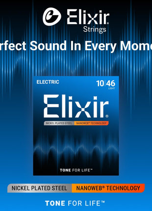 Elixir Strings, Electric Guitar Strings, Nickel Plated Steel with NANOWEB Coating, Longest-Lasting Bright Tone with Comfortable Feel, 6 String Set, Light 10-46
