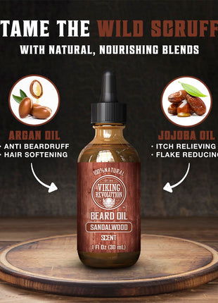 Viking Revolution Sandalwood Beard Oil for Men - Natural Mens Beard Oil with Argan Oil and Jojoba Oil - Beard Softener, Strengthens and Moisturizes - Beard Conditioner for Men (Sandalwood, 1 Pack)