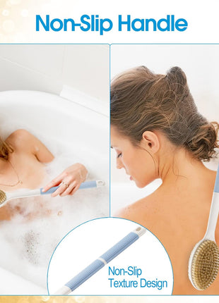 Backski Back Scrubber Anti Slip for Shower, Shower Brush Long Handle with Stiff and Soft Bristles, Body Exfoliator for Bath or Dry Brush(Blue)
