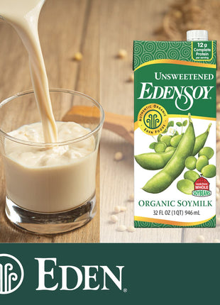 Edensoy Unsweetened Eden Organic Soymilk, Non-GMO, USA Whole Soy (Soya) Milk, Non-Dairy, Vegan, Plain, Shelf Stable, 32 oz (6-Pack)