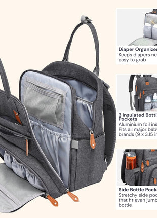 BabbleRoo Diaper Bag Backpack - Baby Essentials Travel Tote - Multi Function Water Resistant Diaper Bag, Travel Essentials Baby Bag with Changing Pad, Stroller Straps & Pacifier Case - Dark Gray