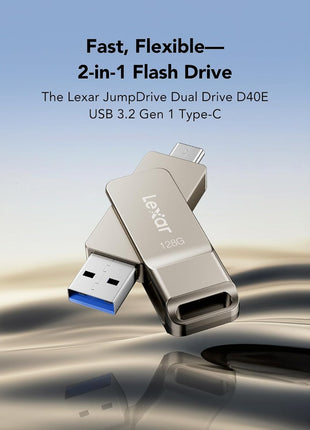 Lexar D40E 128GB Dual USB 3.2 Gen 1 Type-C Jump Drive, USB-C Flash Metal Housing Swivel Design Thumb Drive(Champagne Silver)