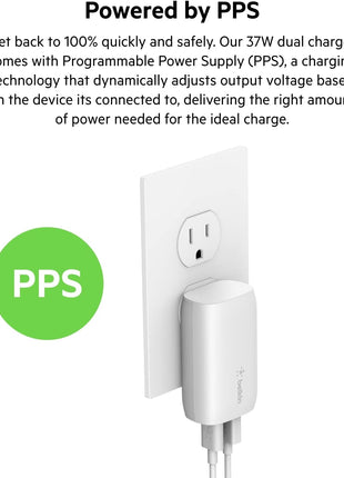 Belkin 37W USB C and USB A Charger Block, PPS Fast Charging | 25W USB C Port, 12W USB A Port, iPhone 17, Air, Pro, Pro Max, AirPods, Samsung Galaxy S25, Switch 2