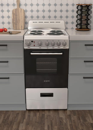 Avanti Electric Range Oven, 4 Coil Broilers, 2.1 Cu.Ft., Stainless Steel | Avanti Electric Range Oven, 4 Coil Burners, Built-In Broiler, Framed Glass Door, Storage Drawer, 2.1 Cu.Ft., Stainless Steel