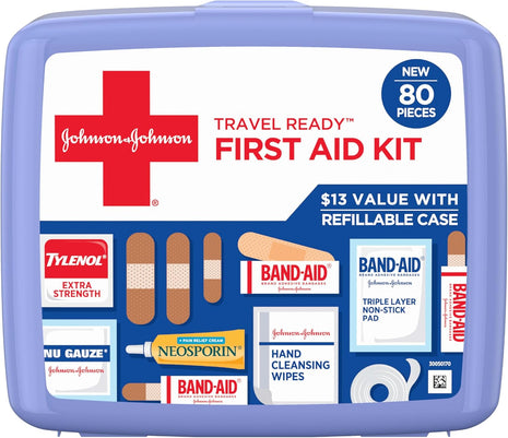 BAND AID Brand Travel Ready Portable Emergency First Aid Kit for Minor Wound Care, Perfect for Home, Car, Travel, Camping Essentials & Outdoor Emergency Kit, 80 Pieces