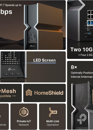TP-Link Tri-Band BE19000 WiFi 7 Router (Archer BE800) | 12-Stream 19 Gbps | 2×10G + 4×2.5G Ports | LED Screen, 8 High-Performance Antennas | VPN, Easy Mesh, HomeShield, Private IoT, Free Expert Help