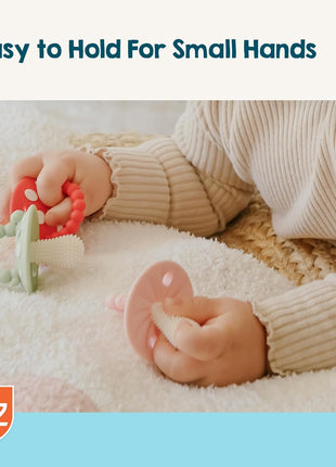 RaZbaby Soft Silicone Infant & Baby 3M+ Teether Toy Massaging Bristles Teething Relief Pacifier - Soothes Sore Gums - Hands-Free & Easy-to-Hold Chompy Teether, BPA Free (RED/Green)