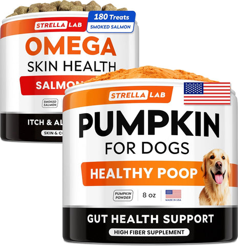 Omega 3 + Pumpkin Dogs Bundle - Allergy & Itch Relief Skin&Coat Supplement + Stool Consistency and Softener - Dry Itchy Skin, Hot Spots Treatment + Diarrhea,Constipation - 180 ct + 8.1oz - Made in USA