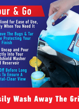 ABRO Windshield Washer Fluid Ready to Use Formula - 1 Gallon, Pre-Mixed, Streak-Free Cleanliness, 2-In-1 Removes Bugs & Tar