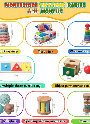 Montessori Toys for Babies 6-12 Months,1 Year Old,8 in 1 Learning Educational Set Wooden Sensory Toys for Baby Toys 12-18 Months (Includes Tissue Box Toy,Rainmaker and More)