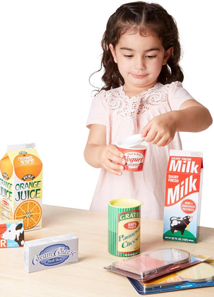 Melissa & Doug Fridge Fillers Grocery Play Food Cartons (8 Pieces) Wooden Toy Groceries, Pretend Play Food, Kitchen Accessories for Kids Ages 3+ - FSC Certified