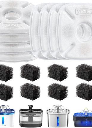Veken Cat Water Fountain Filters, 8 Pack Replacement Filters & 8 Pack Replacement Pre-Filter Sponges Set for 50oz, 84oz, 95oz or 108oz Automatic Pet Fountain Dog Water Dispenser