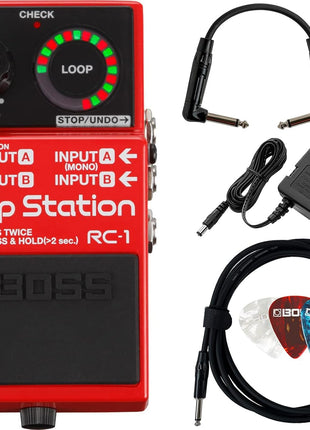 Boss RC 1 Loop Station Bundle with Gearlux Power Supply, Instrument Cable, Patch Cable, and Picks