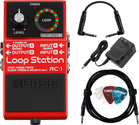 Boss RC 1 Loop Station Bundle with Gearlux Power Supply, Instrument Cable, Patch Cable, and Picks