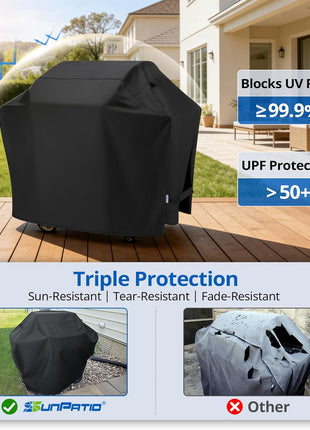 SunPatio Grill Cover 55 Inch, Outdoor Heavy Duty Waterproof Barbecue Gas Cover, UV & Fade Resistant, All Weather Protection Compatible for Weber Charbroil Nexgrill Kenmore Grills and More, Black