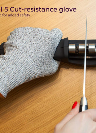 4-in-1 Kitchen Knife Accessories: 3-Stage Knife Sharpener Helps Repair, Restore, Polish Blades and Cut-Resistant Glove (Black)