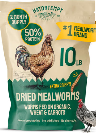 Hatortempt Bulk Dried Mealworms - 10 Lb Bag - Non-GMO Dried Mealworms for Chickens, Ducks & Wild Birds - High-Protein Chicken Feed & Bird Food