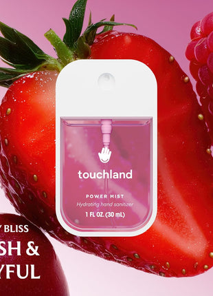 Touchland Juicy Trio Hydrating Hand Sanitizer Spray Set Travel Size | TSA ready Power Mist with skincare benefits. Velvet Peach, Berry Bliss and Wild Watermelon.