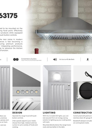 30 in. Vista Coll 380 CFM Ducted Wall Mount Range Hood LED, Stainless Steel | Cosmo COS-63175 Push Button Controls, 3 Fan Speeds, Permanent Dishwasher-Safe Baffle Filters, Backdraft Damper