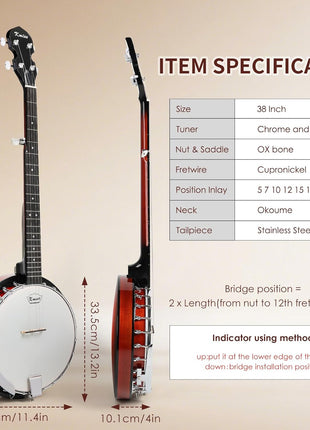 Kmise Banjo 5 String Banjos,Full Size 38 Inch Open or Closed Back | with Resonator, Bridge, Strings Pack, Finger Picks, Strap, Case, Tuner Accessories Set Gift Choice for Adults Beginner