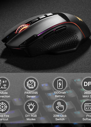 Redragon M991 Wireless Gaming Mouse, 26000 DPI 3-Mode Gamer Mice w/Rapid Fire Key, 9 Macro Buttons, Powerful Capacity and RGB Backlight for PC/Mac/Laptop, Black