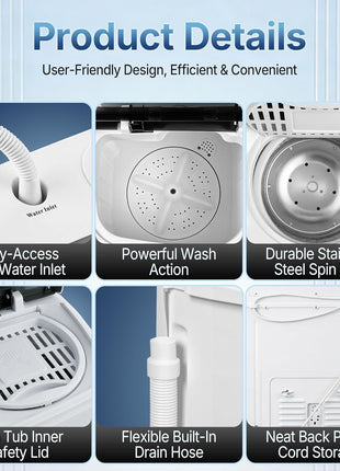 SUPER DEAL Compact Mini Twin Tub Washing Machine 13lbs Capacity Portable Washer Wash and Spin Cycle Combo, Built-in Gravity Drain for Camping, Apartments, Dorms, College, RV's and Small Spaces