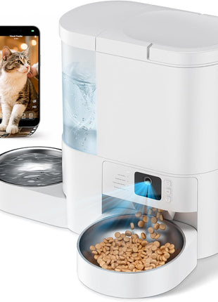 Automatic Cat Feeder with Camera, 2 in 1 Cat Food and Water Dispenser | 2K HD Video and Night Vision, 5G App Controlled Timed Pet Feeder, 4L Food & 3L Gravity Waterer, 2-Way Audio for Cat Small Dog