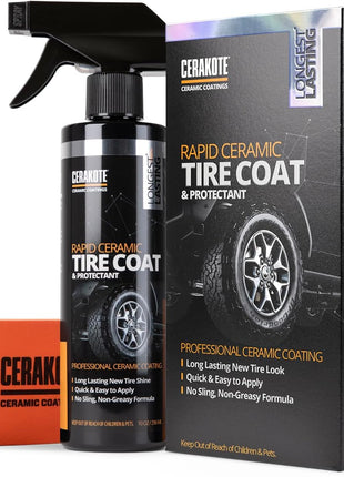 CERAKOTE Rapid Ceramic Tire Coat – Showroom New Tire Shine – Deep Tire Black Finish – Lasts Up to 10x Longer – No Sling, Non-Greasy Ceramic Tire Coating for Car, Truck & SUV – Easy Application (10oz)