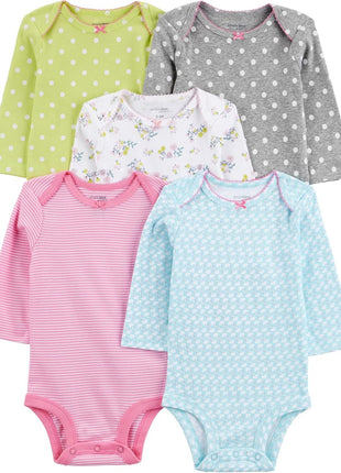 Simple Joys by Carter's Baby Girls' 5-Pack Long-Sleeve Bodysuit, Mint Green/Navy Dots/Pink/Butterflies/Floral, 18 Months