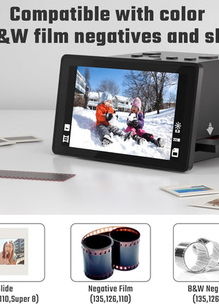 Digital Film & Slide Scanner with 5 Inch LCD Screen, Converts Color & B&W 135/110/126 KPK Negatives & Slides and Super 8 Slides into 22MP JPEG Photos