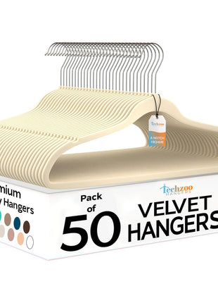 Techzoo 50 Pack New Premium Quality Velvet Hangers Ultra Thin Non Slip Adult Felt Space Saving Hangers for Closet Heavy Duty Coat Pants Jackets Dress Hangers 360° Swivel Hook Hold Upto 10 lbs Ivory